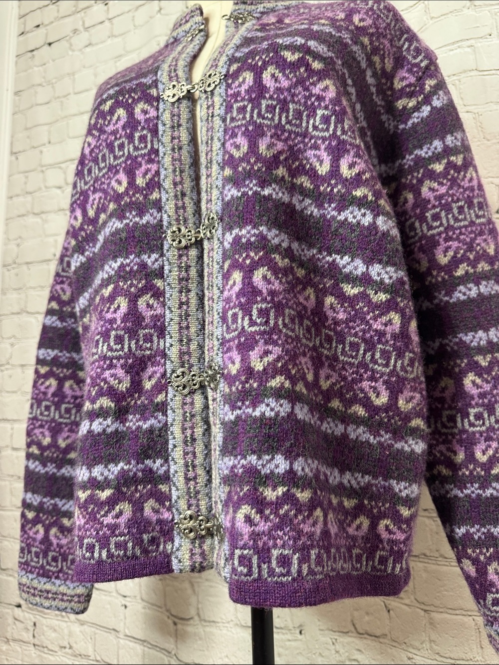Y2K Eagle’s Eye Wool Fair Isle Hook Cardigan Purple Size Small S, M - Picture 10 of 11